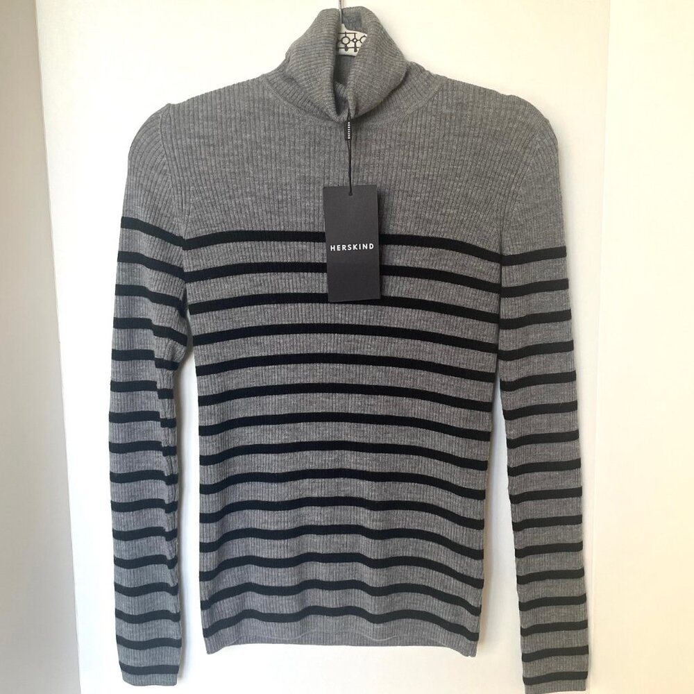 Birgitte Herskind Bob Gray Striped Merino Wool Turtleneck Sweater Sz Small - Picture 2 of 7